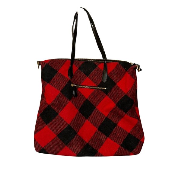 Talbots HOLIDAY FALL red black buffalo check plaid wool purse bag 15x13 - Picture 1 of 5